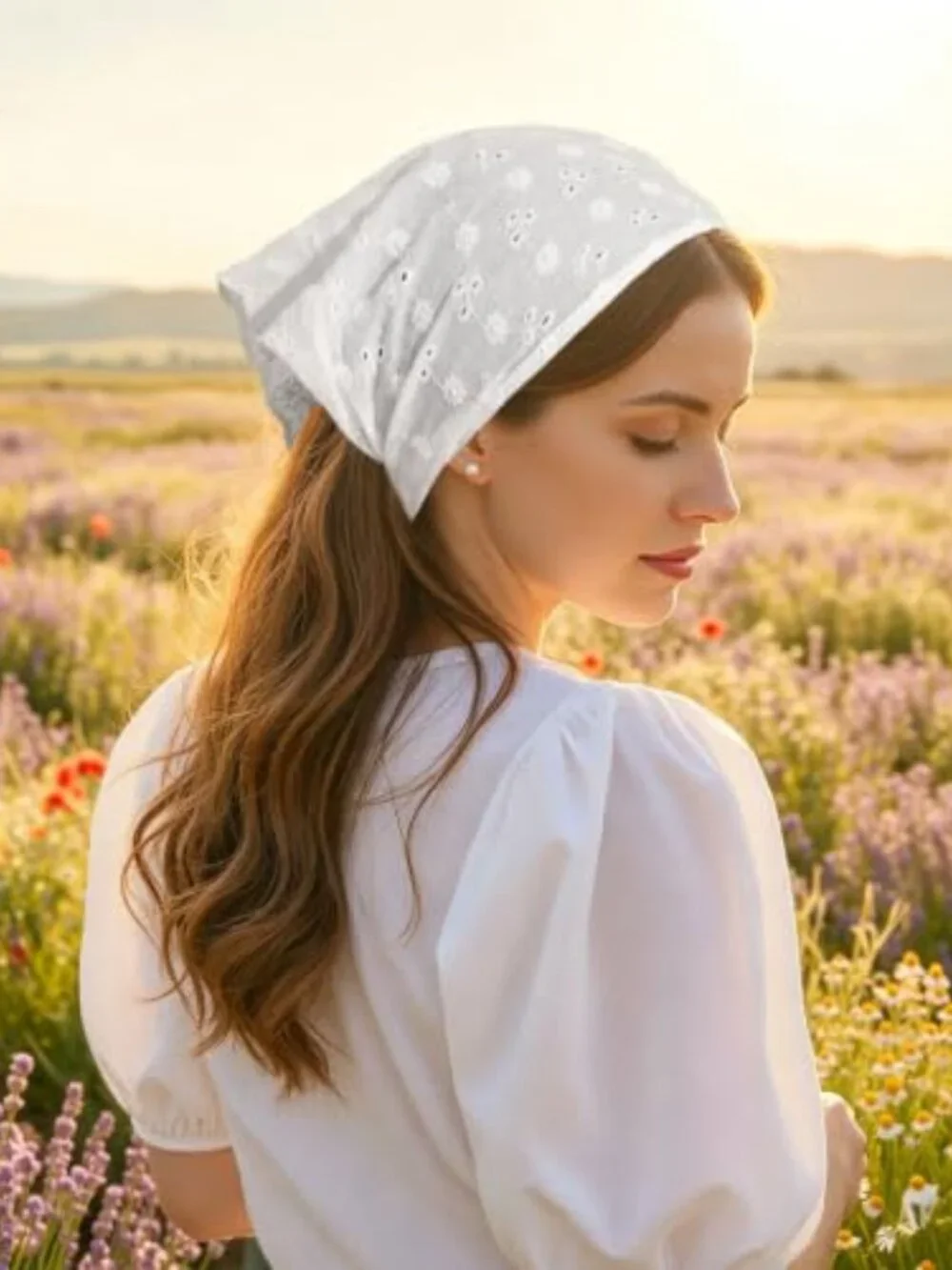 Lace Head Scarf for Women Cotton Elastic Wrap Headband Bandana 2PCS